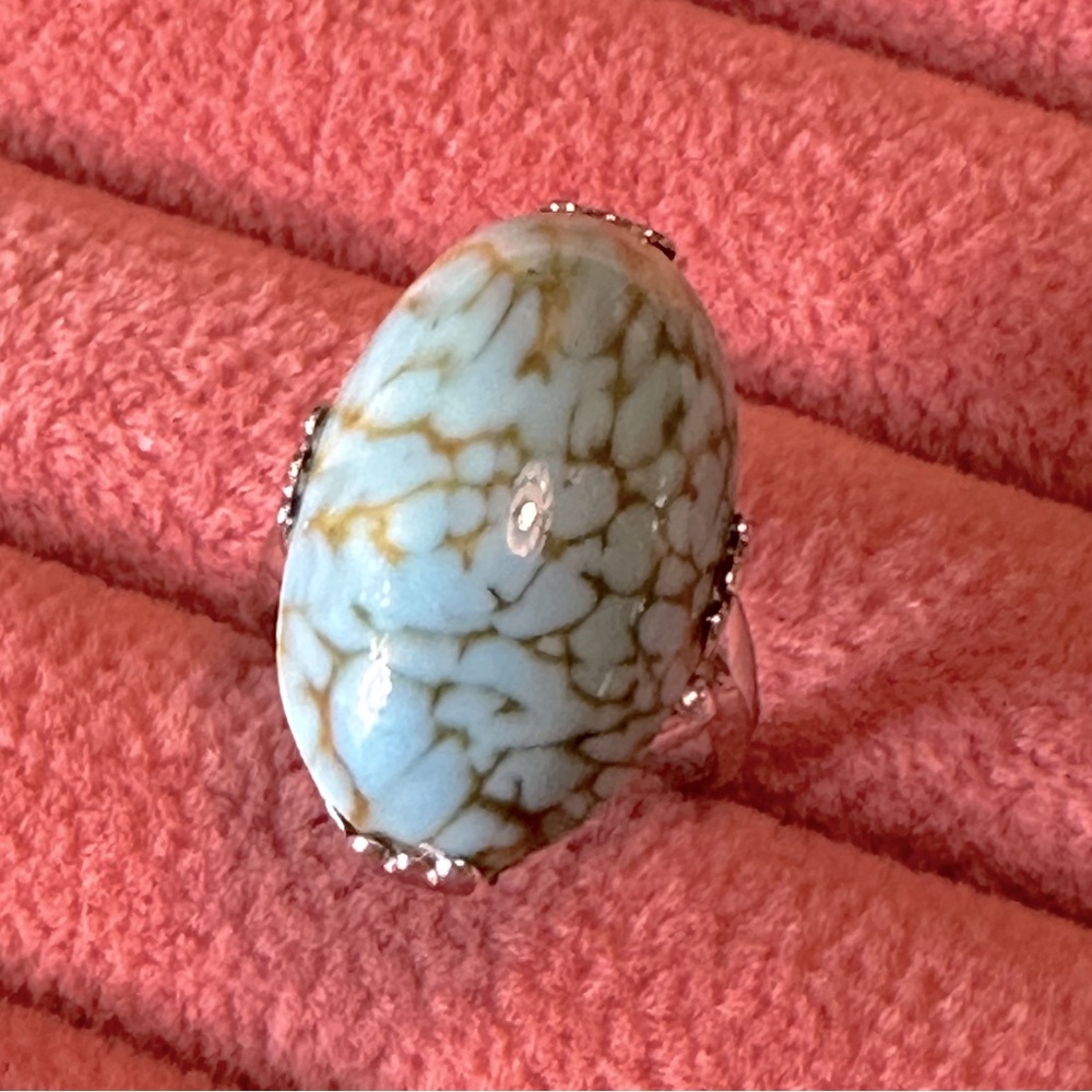 Vintage Faux Turquoise Mid Century Modern Statement Ring SZ 5 3/4 Elongated Oval - Picture 9 of 17